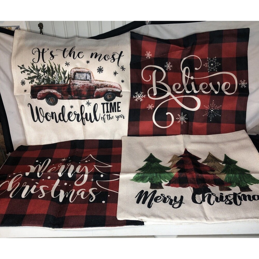 Set Of 4 Buffalo Check Christmas Pillow Covers 18x18 Red Black Farmhouse NEW!!